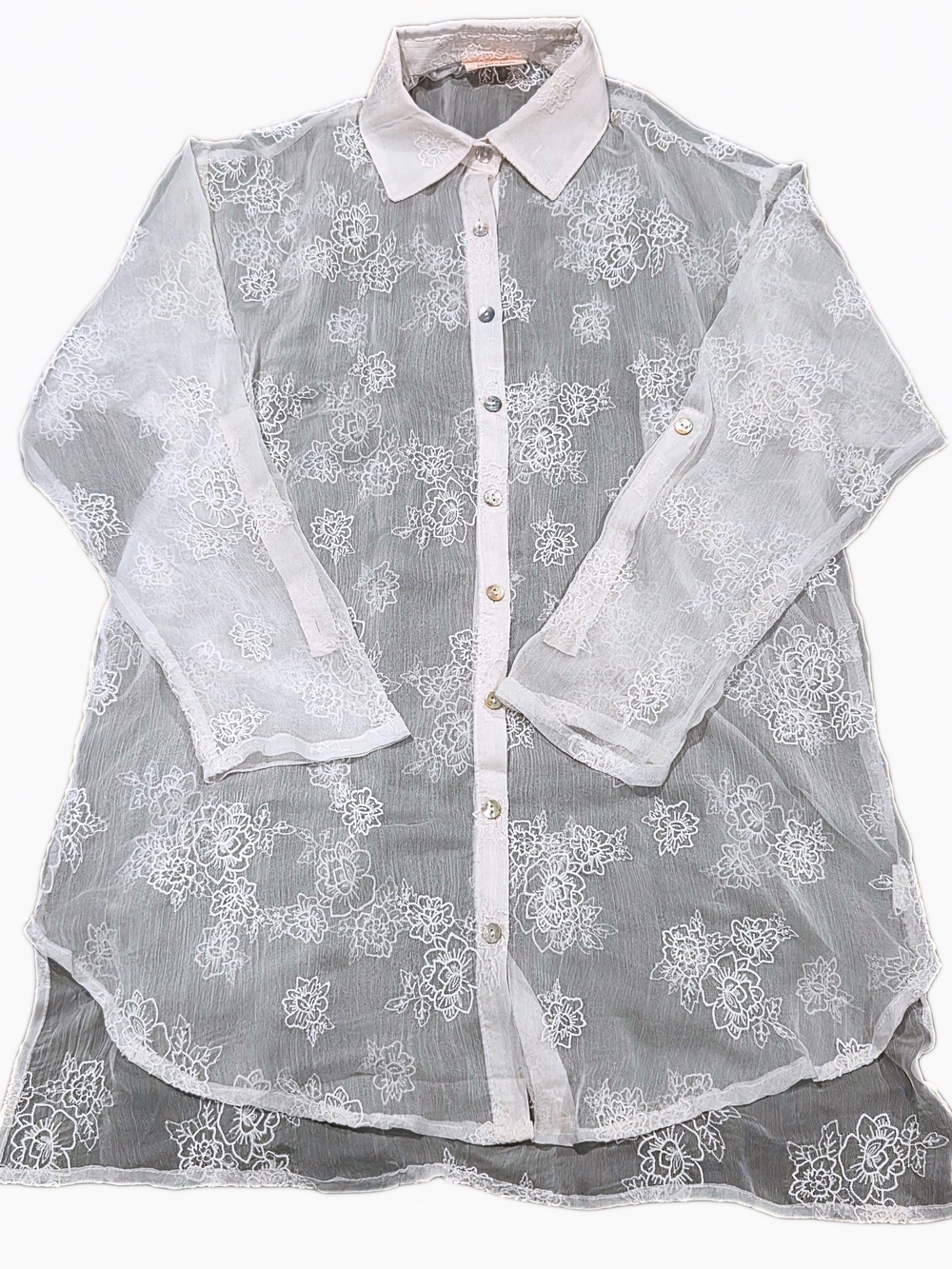 White Sheer Floral Lace Button-Up Shirt